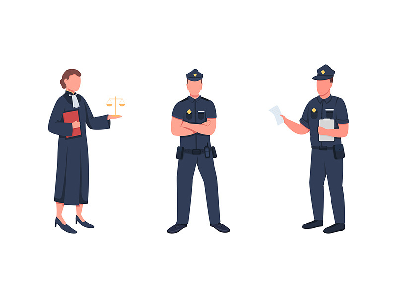 Law enforcement workers flat color vector faceless character set