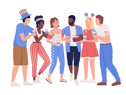 Friends group celebrating July fourth semi flat color vector characters