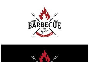 Simple Barbecue Vintage hot grill, with crossed flames and spatula. Logo for restaurant, badge, cafe and bar.vector