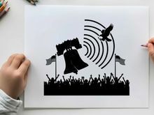 Liberty bell silhouette with eagle and american flags waving