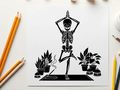 Silhouette of a skeleton in yoga pose with plants