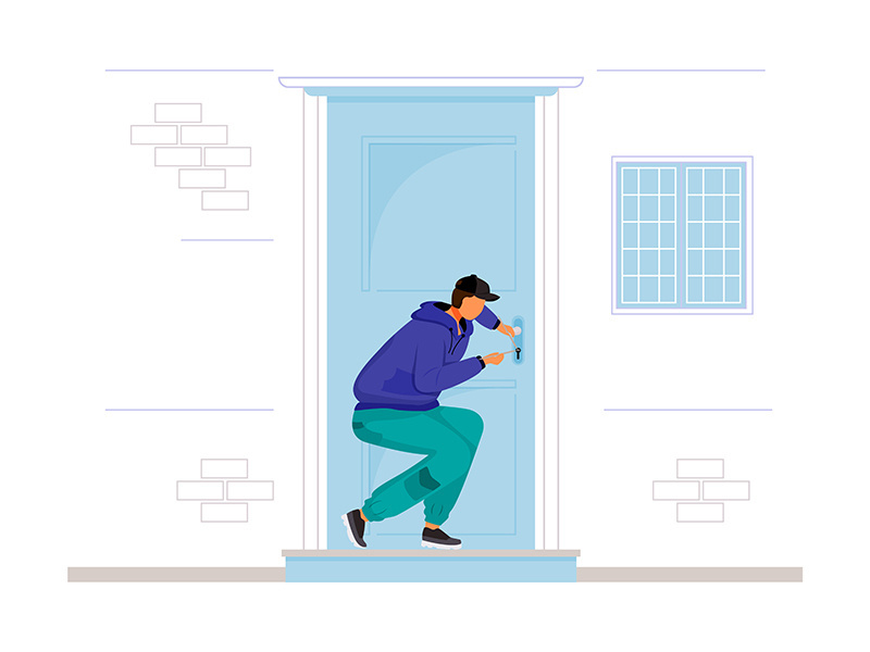 Burglar breaking into house flat color vector faceless character