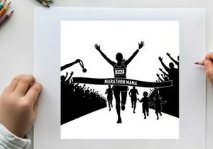 Marathon runner silhouette crossing finish line with cheering crowd silhouette