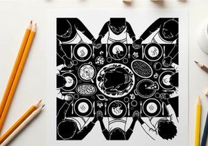 Silhouette of people gathered around a table with food in a symmetrical pattern