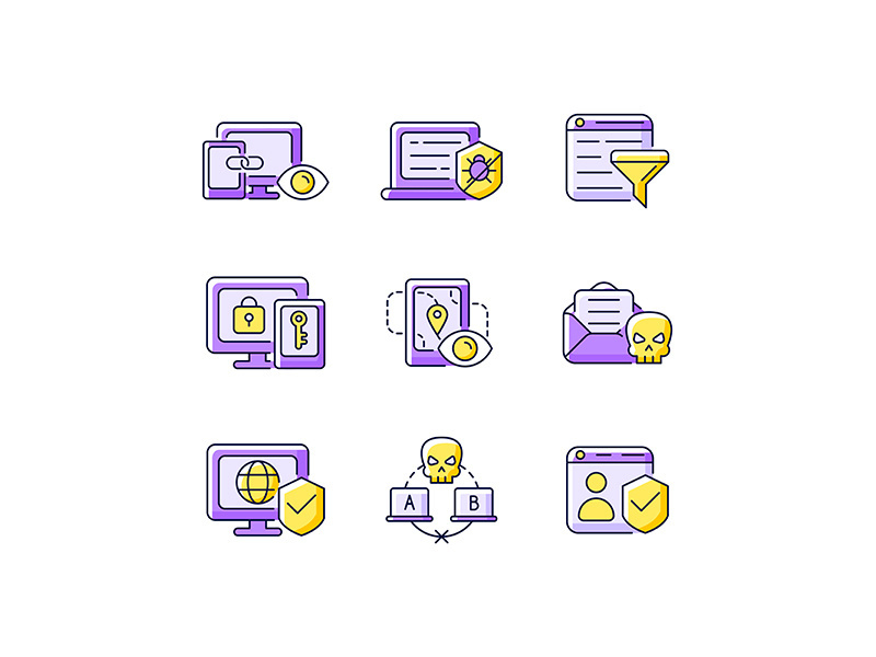 Internet surveillance purple RGB color icons set