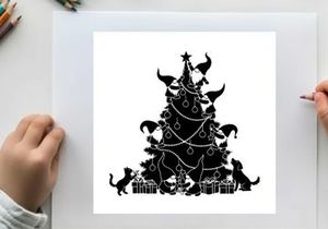 Black silhouette of a christmas tree with cats and presents