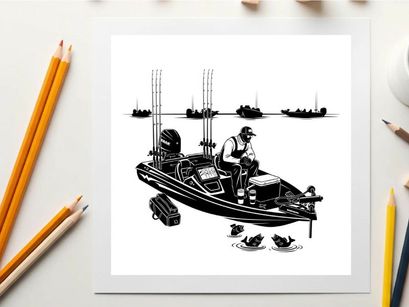 Silhouette of a man on a fishing boat with birds and other boats