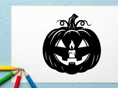 Black Halloween Pumpkin with Carved Face and Curled Vines