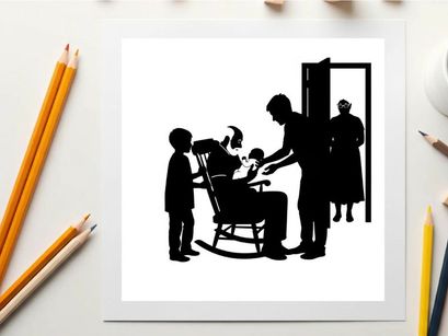 Silhouette of a family in a domestic scene with a barbers chair