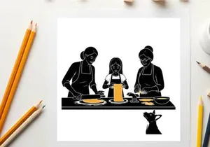 Silhouette of family cooking together in the kitchen with aprons on