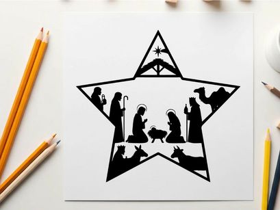 Nativity scene silhouette within a star shape christmas icon