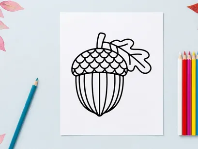 Ilustração fofo de bolota com folha. Design simples inspirado na natureza para projetos de outono.