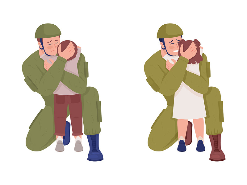 Father holding his child semi flat color vector characters set