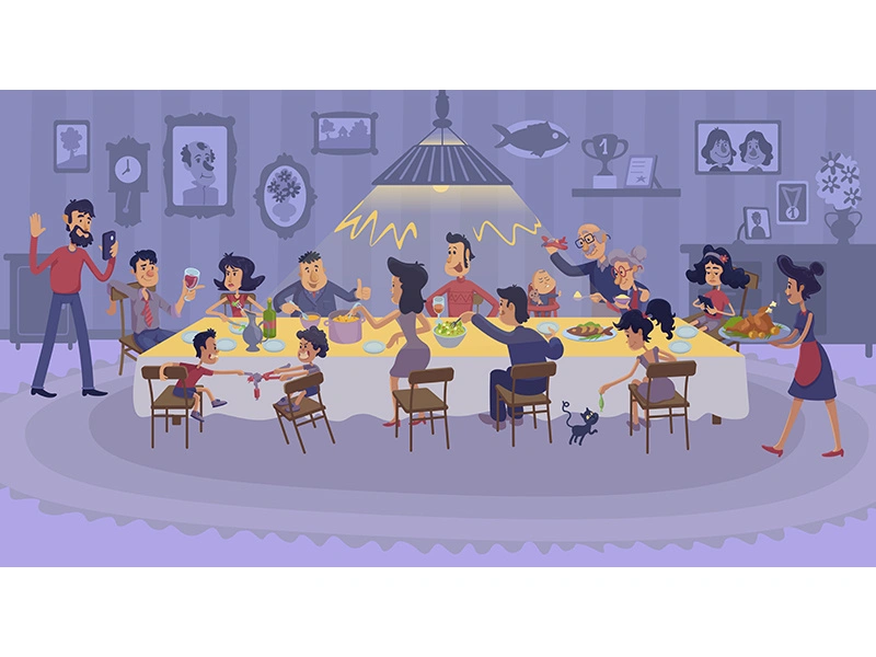 Big family gathering together flat illustration