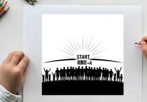 Silhouette of people at starting line with sunrise and text