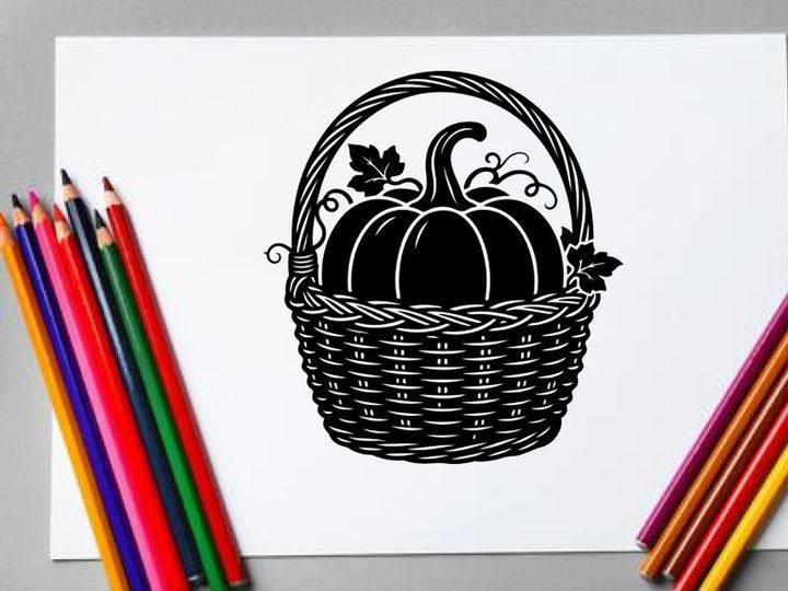 Black and White Pumpkin Basket Illustration for Autumn or Fall Decor