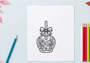 Decorative candy apple line art. Ornate caramel apple illustration with a festive bow.