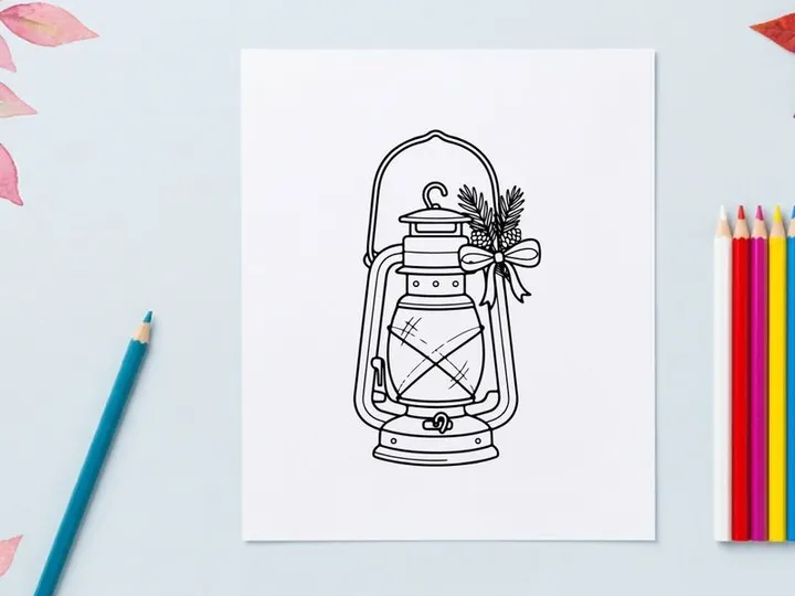 Christmas lantern line art illustration with pine branches and a festive holiday bow.