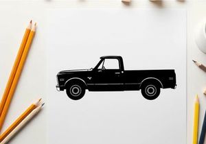 Silhouette of a classic pickup truck with a long bed and two doors