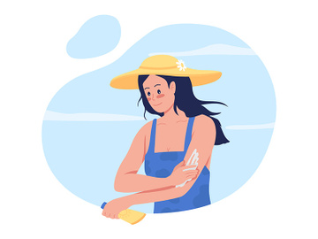 Girl applying sunscreen lotion on arms 2D vector isolated illustration preview picture