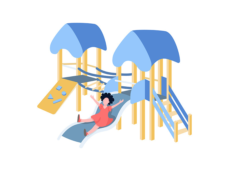 Happy child playing on slide flat color vector faceless character