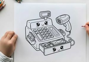 Cute cash register with scanner vector illustration