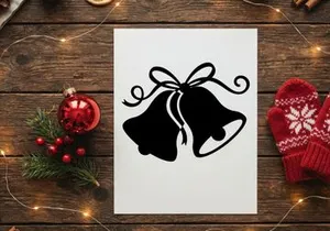 Black silhouette of Christmas bells with a decorative ribbon bow on white background