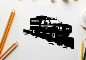 Silhouette of a firewatch truck on a rugged terrain