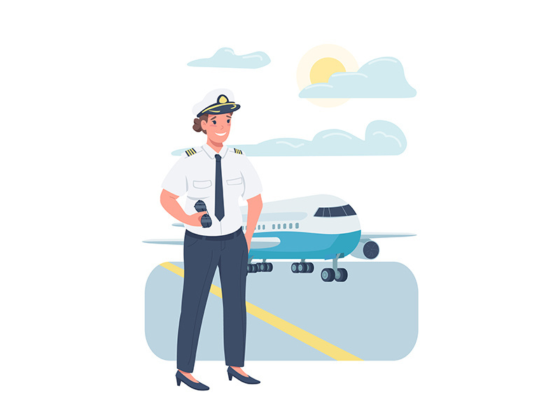 Woman airplane pilot flat color vector detailed character