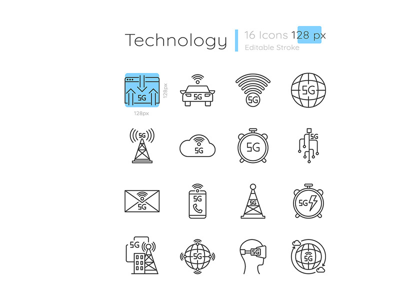 5G technology linear icons set