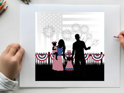 Family in silhouette celebrating 4th of july with fireworks and american flag