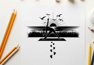 Silhouette of a woman practicing yoga at sunrise with birds flying overhead silhouette