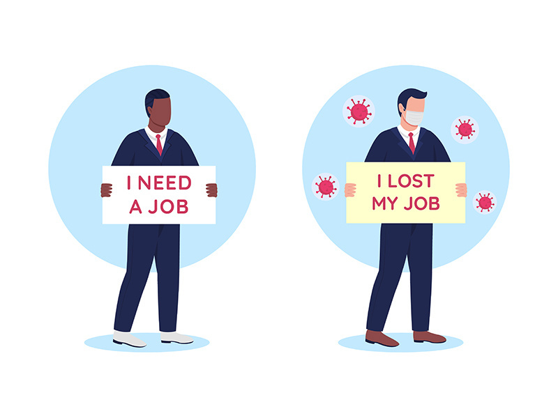 Jobless people with cardboard signs flat concept vector illustration set