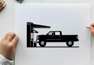 Silhouette of a pickup truck refueling at a gas station