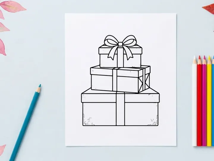 Stack of Christmas gift boxes with ribbons, black and white line art illustration.