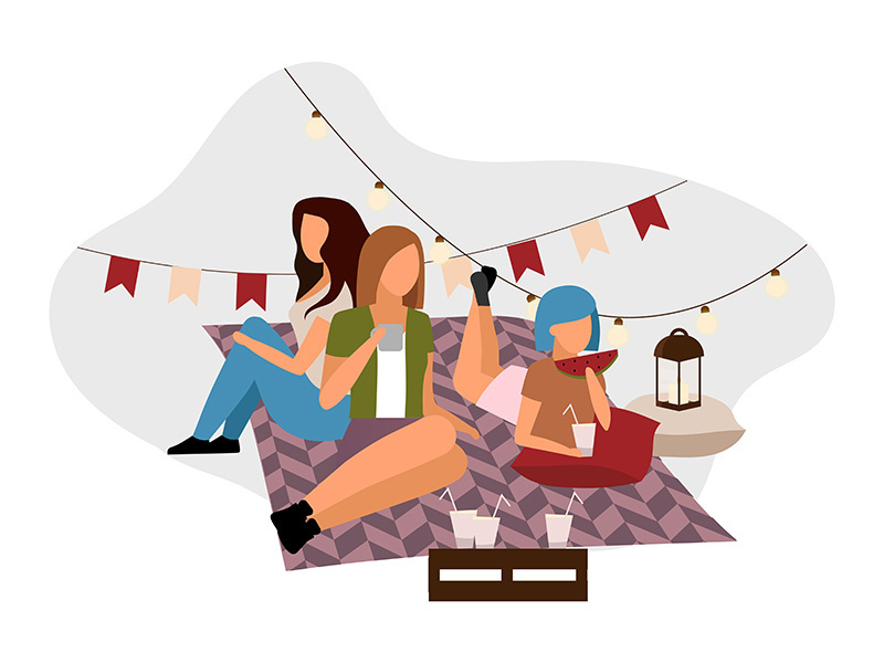 Girls on picnic flat vector illustration