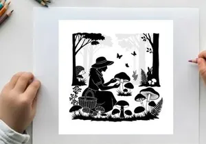 Silhouette of a woman picking mushrooms in a forest with trees and butterflies