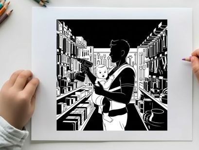 Silhouette of a man holding a gun and a baby in a store aisle silhouette