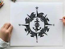 Nautical compass rose with anchor silhouette