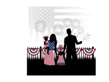 Family in silhouette celebrating 4th of july with fireworks and american flag