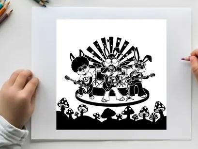 Silhouette illustration of cartoon band performing on stage with mushroom silhouettes
