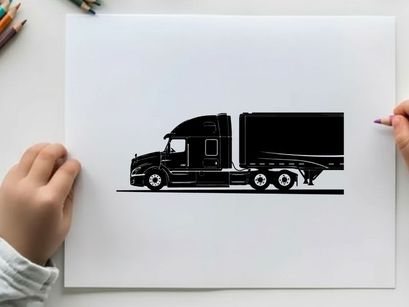 Black silhouette of a large semi truck on a white background