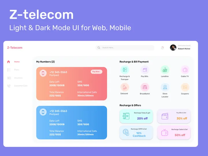 Z telecom Web & Mobile, Light and Dark UI Options