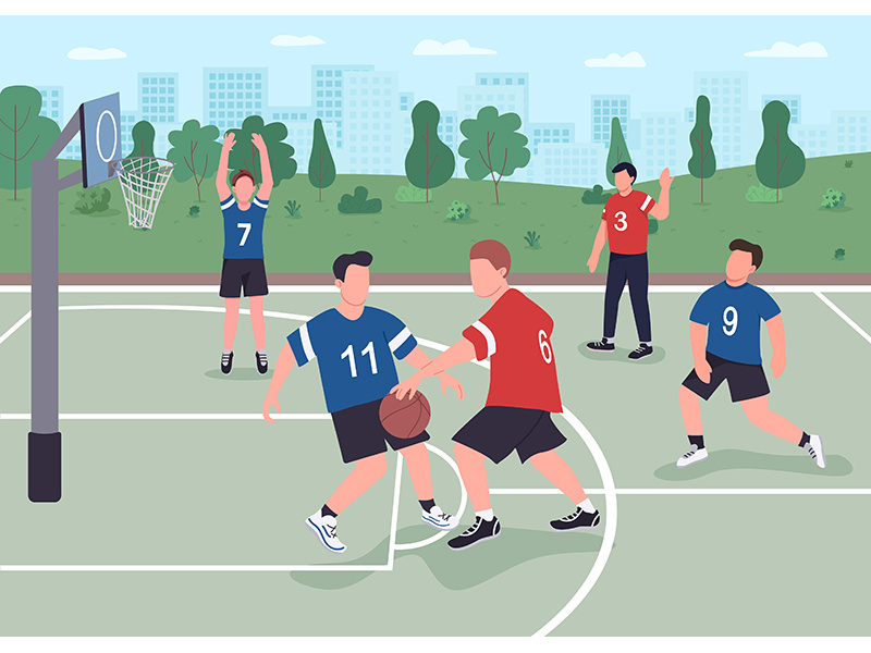 People playing basketball on street flat color vector illustration