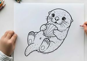 Cute otter holding fish vector illustration flat design