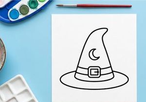 Witch or wizard cartoon hat with moon and buckle design. Classic Halloween sorcerer headwear for fantasy characters and magical themes.