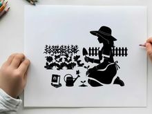 Silhouette of woman gardening with hat and tools nearby silhouette