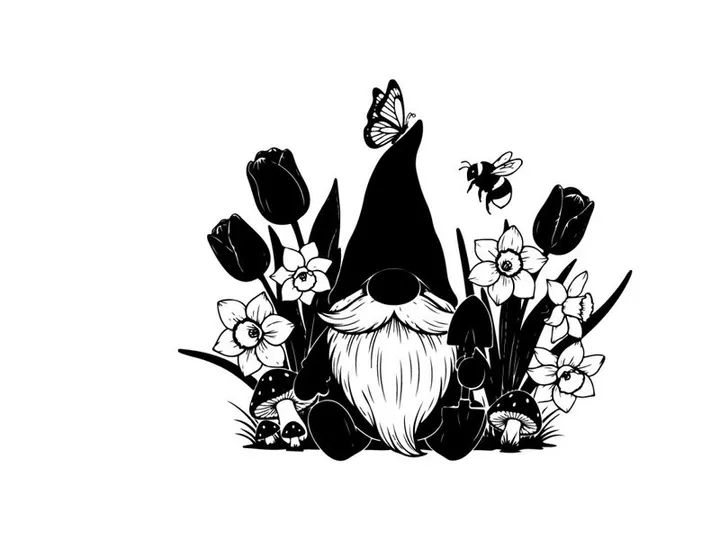 Silhouette of a gnome with flowers and insects