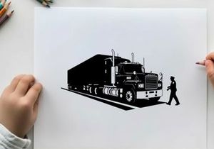 Silhouette of a man walking beside a large semi truck