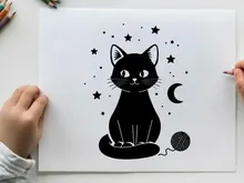 Whimsical silhouette cat under starry night sky with moon